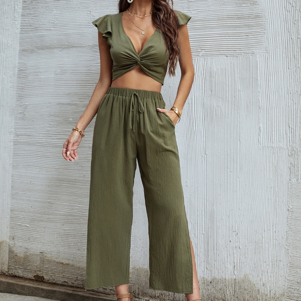 Ruffle Trim Twist Top With Pants (CO ORD SET)